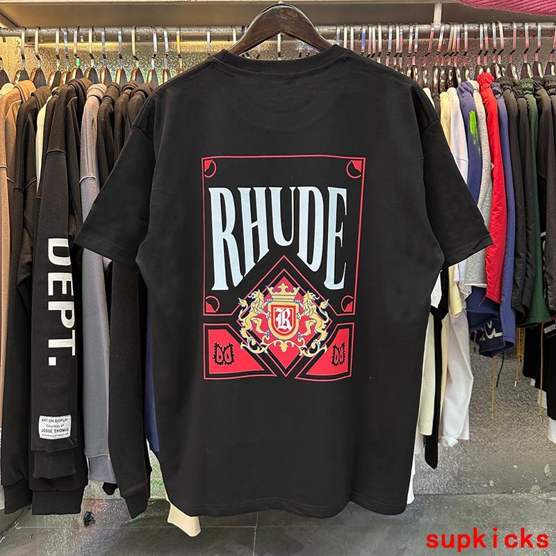 Flat lay presentation of Rhude luxury clothing with runway-inspired design