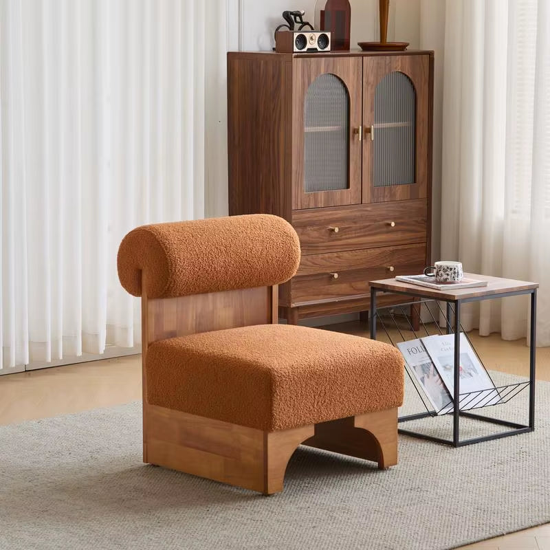 Modern Boucle Lounge Chair, Solid Wood Frame, Rolled Backrest