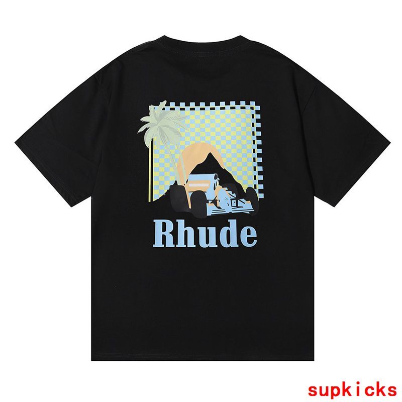 Close-up detail shot of Rhude luxury clothing with runway-inspired design