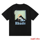 Close-up detail shot of Rhude luxury clothing with runway-inspired design