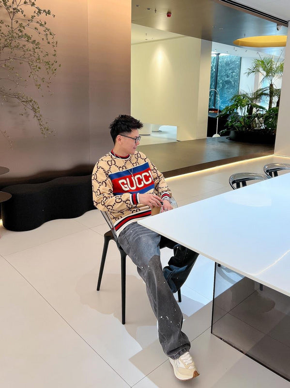 Front view of Gucci luxury clothing with logo-detail design