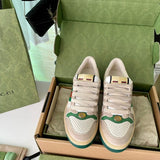 Side profile of Gucci neutral cream sneakers signature lace-up style