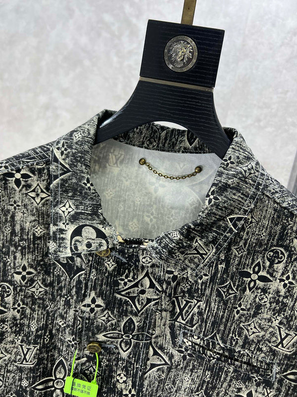 Close-up detail shot of Louis Vuitton luxury clothing with runway-inspired design