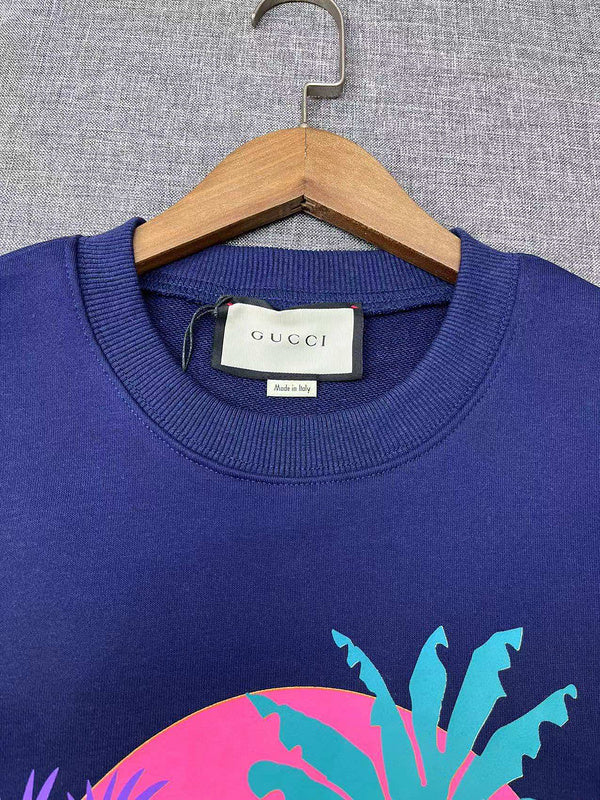 Side profile of Gucci luxury clothing with signature branding