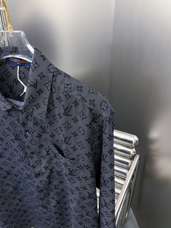 Full styled look of Louis Vuitton luxury clothing with label-forward styling