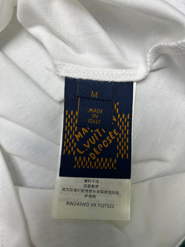 Close-up detail shot of Louis Vuitton cotton t-shirt with streetwear-inspired cut
