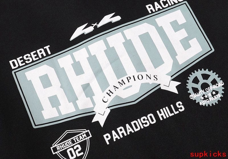 Front view of Rhude luxury clothing with signature branding