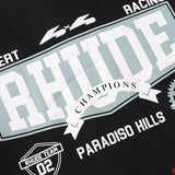 Front view of Rhude luxury clothing with signature branding