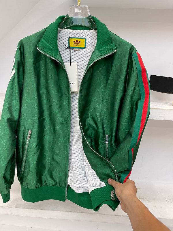 Front view of Gucci luxury clothing with label-forward styling