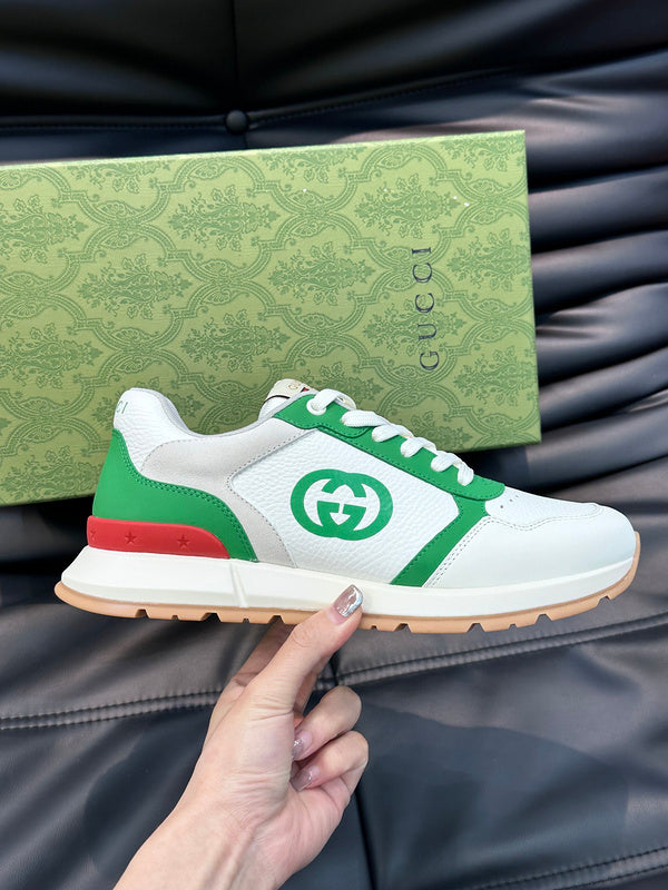 Side profile of Gucci muted earth tones sneakers retro runner design
