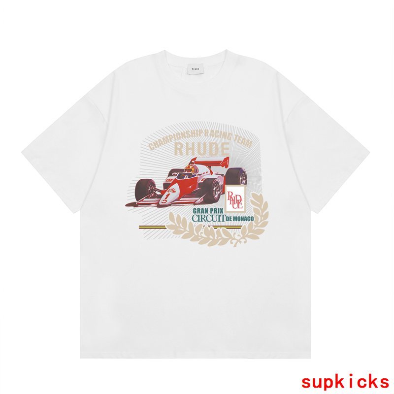 Side profile of Rhude luxury clothing with logo-detail design