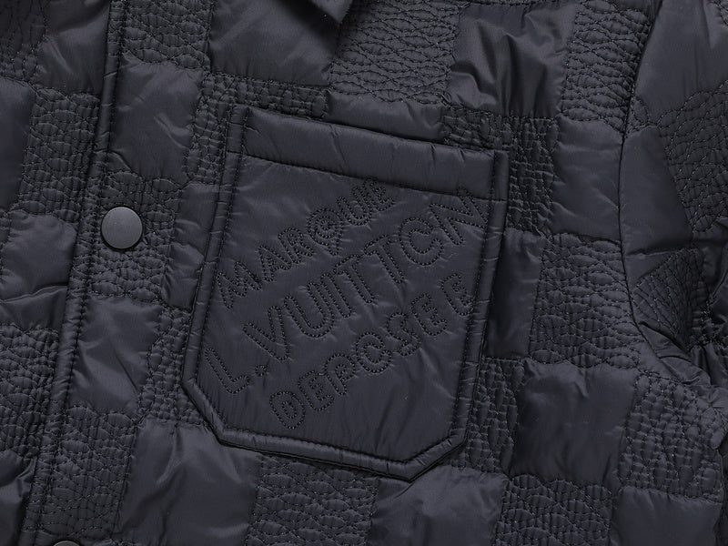 Front view of Louis Vuitton luxury clothing with monogram-inspired silhouette