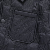 Front view of Louis Vuitton luxury clothing with monogram-inspired silhouette