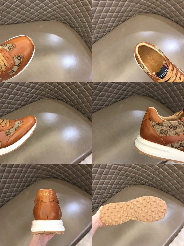 Side profile of Gucci two-tone sneakers sleek tonal finish
