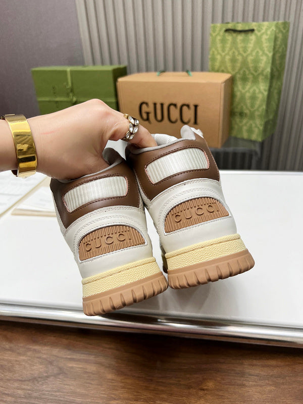 Side profile of Gucci soft grey sneakers classic court silhouette