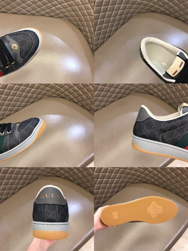 Side profile of Gucci crisp white sneakers retro runner design
