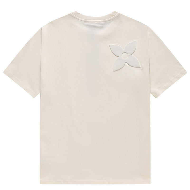 Close-up detail shot of Louis Vuitton cotton t-shirt with signature branding