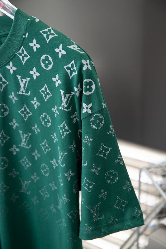 Flat lay presentation of Louis Vuitton cotton t-shirt with signature branding