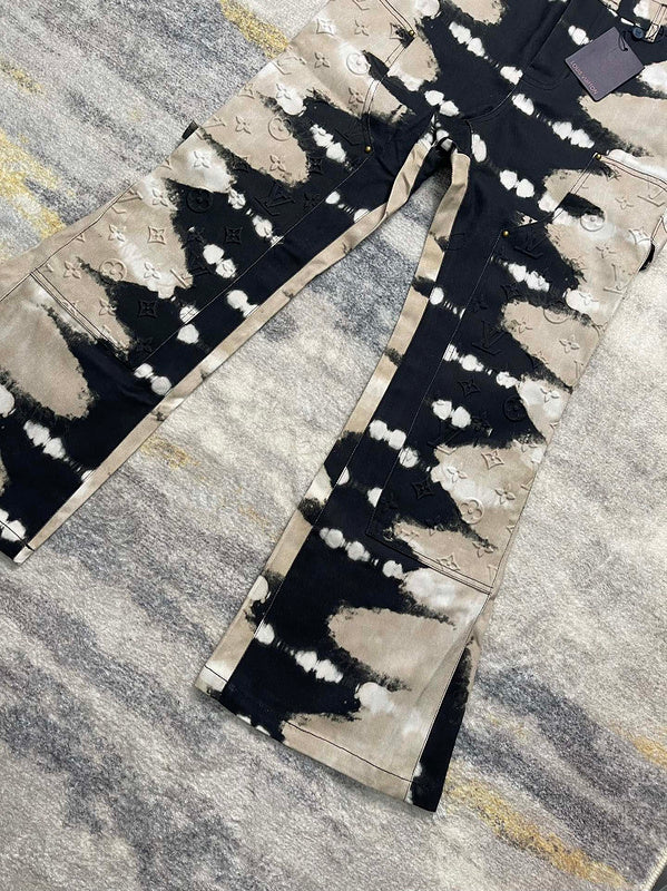 Close-up detail shot of Louis Vuitton luxury clothing with label-forward styling