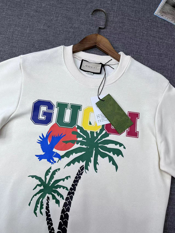Front view of Gucci luxury clothing with signature branding