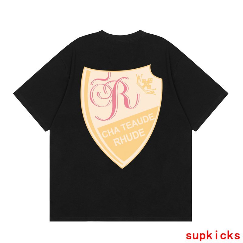 Close-up detail shot of Rhude luxury clothing with monogram-inspired silhouette