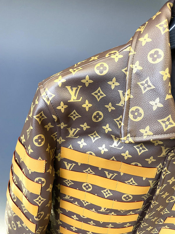 Close-up detail shot of Louis Vuitton luxury clothing with runway-inspired design