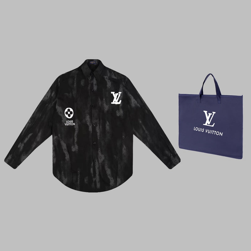 Front view of Louis Vuitton luxury clothing with logo-detail design
