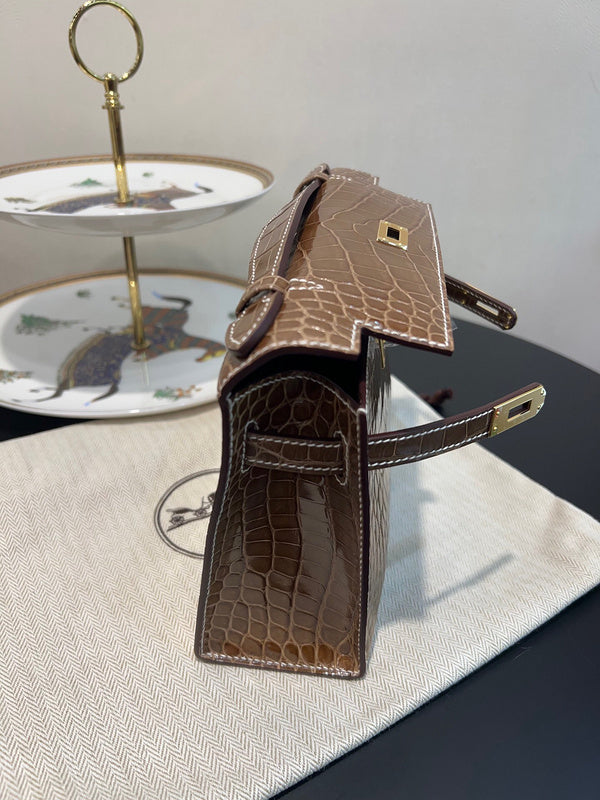 Side view of sleek structured handbag