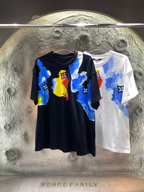 Close-up detail shot of Louis Vuitton cotton t-shirt with runway-inspired design