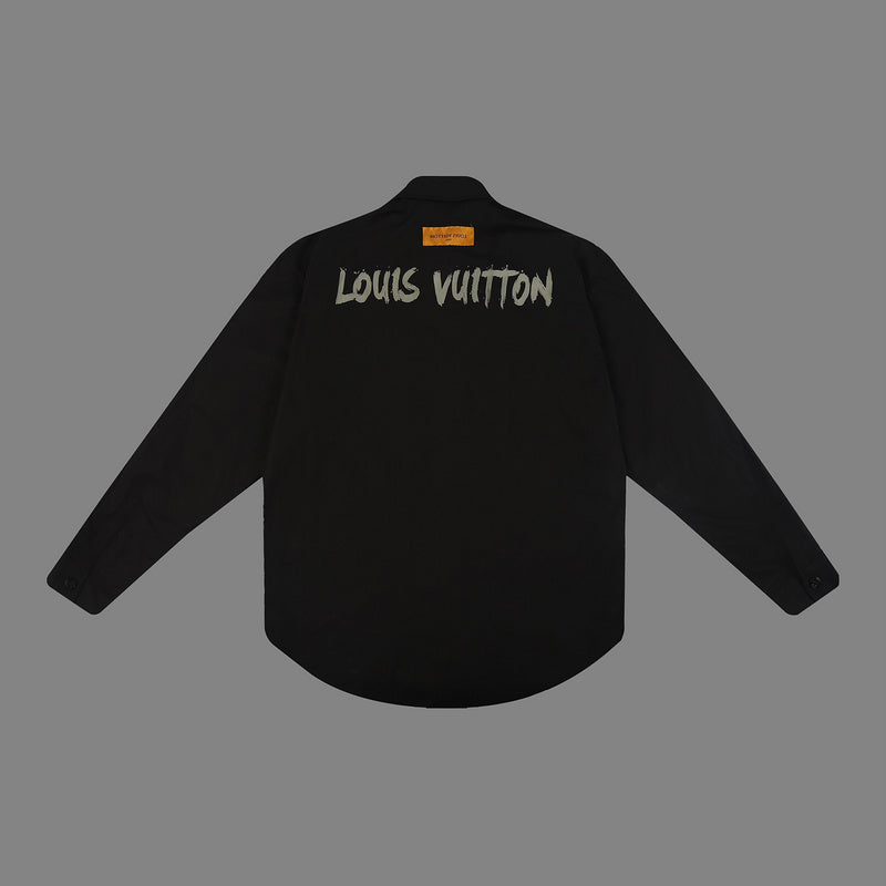 Close-up detail shot of Louis Vuitton luxury clothing with logo-detail design