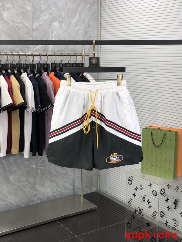 Close-up detail shot of Rhude luxury clothing with label-forward styling