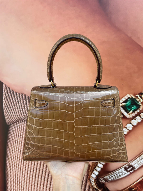 Side view of classic structured handbag