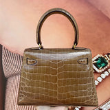 Side view of classic structured handbag