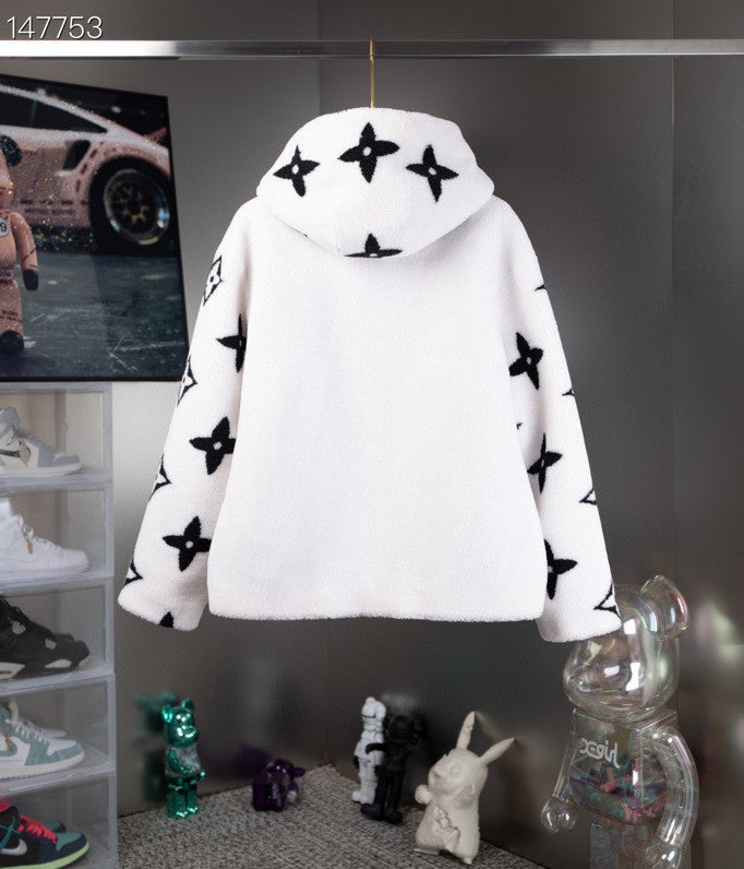 Back view of Louis Vuitton luxury clothing with signature branding