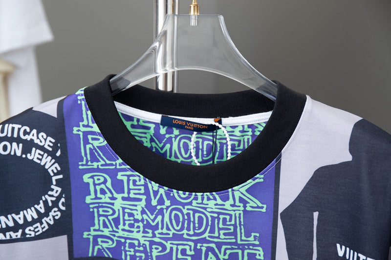 Close-up detail shot of Louis Vuitton cotton t-shirt with signature branding
