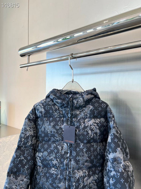 Close-up detail shot of Louis Vuitton luxury clothing with signature branding