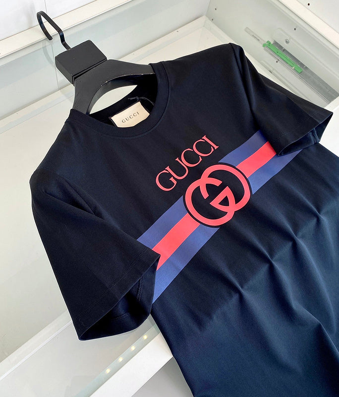 Close-up detail shot of Louis Vuitton cotton t-shirt with signature branding