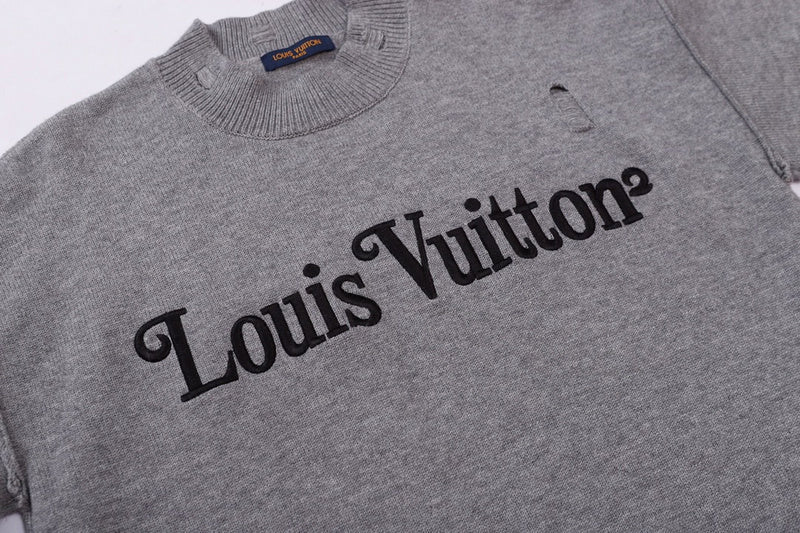 Front view of Louis Vuitton luxury clothing with label-forward styling