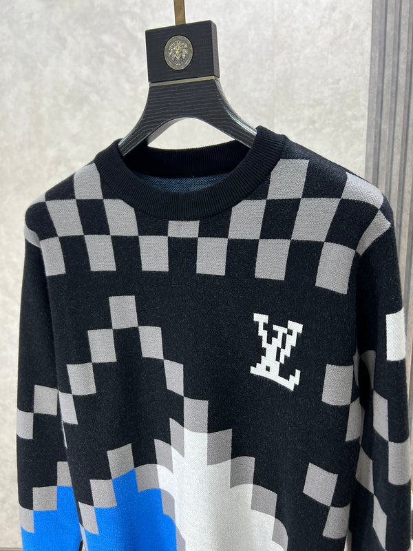 Front view of Louis Vuitton luxury clothing with logo-detail design