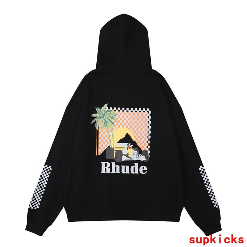 Flat lay presentation of Rhude luxury clothing with signature branding