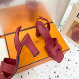 Hermès Camel Block Heel Sandals - Close-Up Texture View