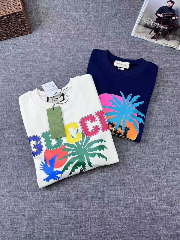 Back view of Gucci luxury clothing with signature branding