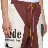 Close-up detail shot of Rhude luxury clothing with streetwear-inspired cut