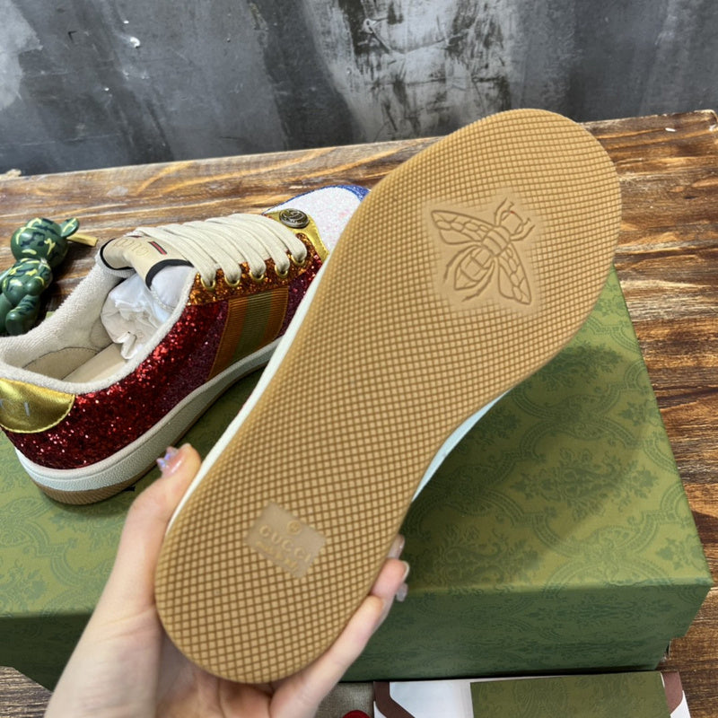 Side profile of Gucci bold contrast sneakers signature lace-up style