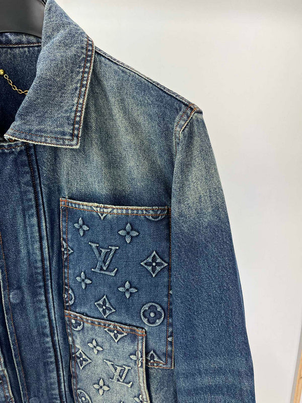 Close-up detail shot of Louis Vuitton luxury clothing with runway-inspired design