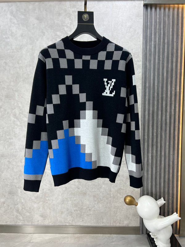 Front view of Louis Vuitton luxury clothing with logo-detail design