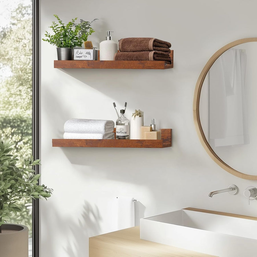 45.3" Large Floating Wall Ledge Shelves with Lip - Set of 2 Rustic Wood Floating Shelves - Honey Brown Wall Mounted Picture Ledge for Office, Bathroom, Bedroom, Living Room, Kitchen