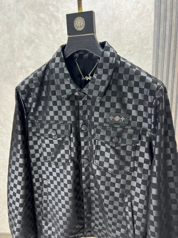Front view of Louis Vuitton luxury clothing with label-forward styling