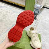Side profile of Gucci neutral cream sneakers breathable knit upper