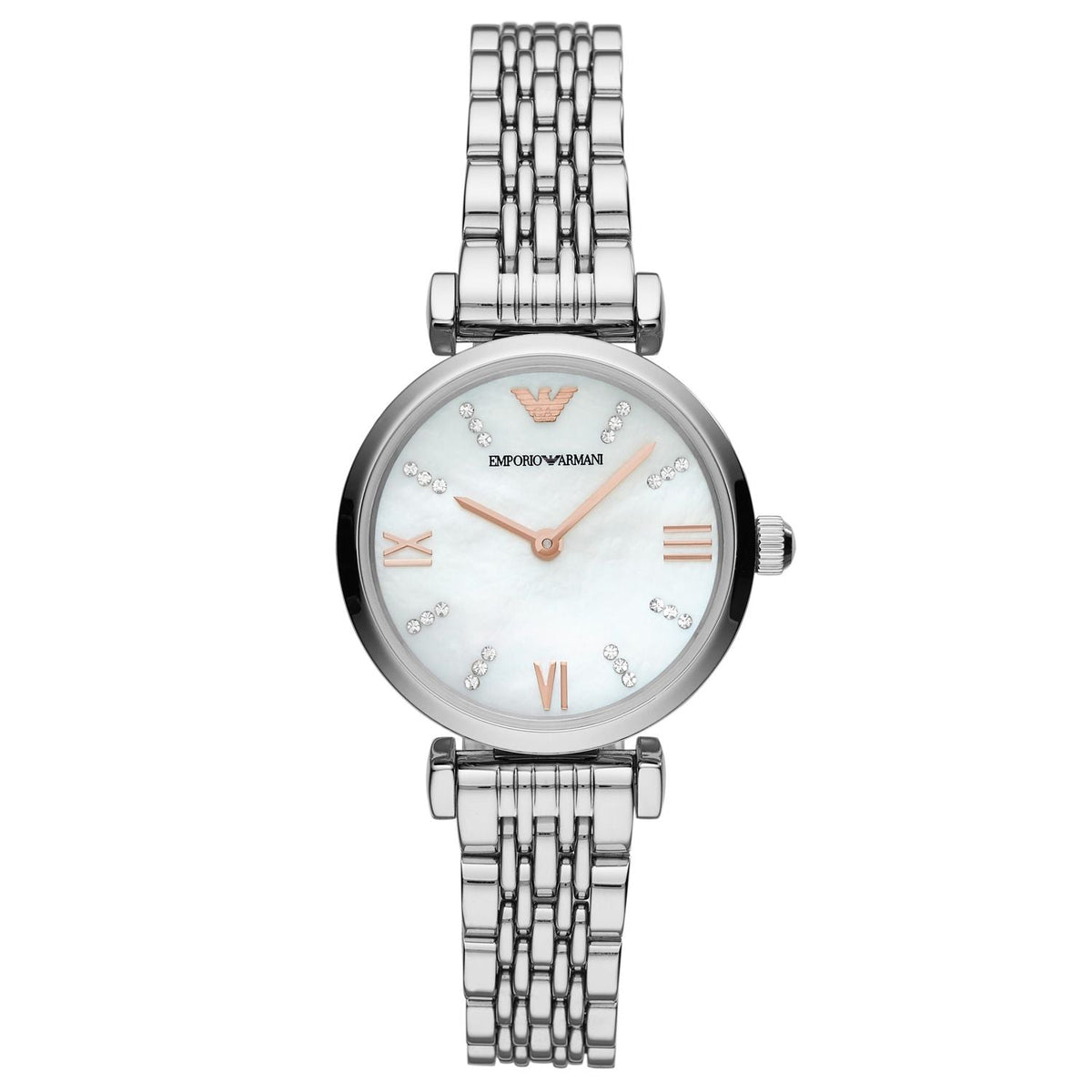 Front view of Emporio Armani women's silver watch